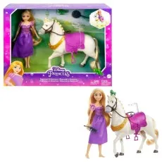 A set featuring a Rapunzel doll in her purple dress and the horse Maximus with a saddle, shown in and out of the box.
