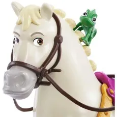 A close-up of a toy horse head, with a small green chameleon figure named Pascal on its back.
