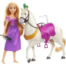The Disney Princess Rapunzel and Maximus doll set with a hairbrush and Pascal, against a white background.