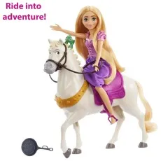 The Rapunzel doll is shown riding the horse Maximus with Pascal on his head, ready for an adventure.