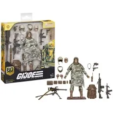 A product image showing a G.I. Joe Action Soldier Infantry figure packaged on the left and all its accessories laid out on the right.