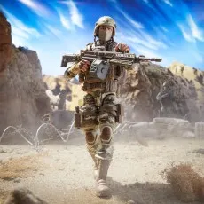 A G.I. Joe Action Soldier figure in a helmet and camouflage, walking and holding a machine gun.