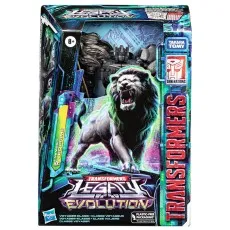 A front view of a boxed Leo Prime Transformer toy with a metallic lion on the front