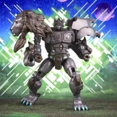 A Leo Prime Transformer toy in its robot form, with a lion's head on one shoulder and a bird's head on the other