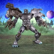 A standing Leo Prime Transformer toy in its robot form, holding weapons in both hands