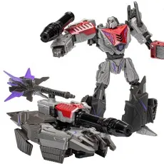 The Transformers Studio Series Megatron figure is displayed in both robot and vehicle modes.