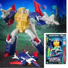 The Transformers Legacy Evolution Metalhawk toy, shown as a robot, a jet, and in its packaging on a single image.