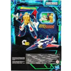 The back of the Transformers Metalhawk box, showing the robot figure, its jet mode, and the Evo-Fusion feature.