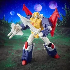 The Transformers Metalhawk action figure in a dynamic pose, holding a sword and a gun against a cosmic background.