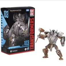 A boxed Transformers Studio Series 103 Rhinox toy, showing the action figure in both robot and rhinoceros forms
