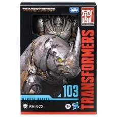 A boxed Transformers Studio Series 103 Rhinox toy, featuring a rhinoceros on the front