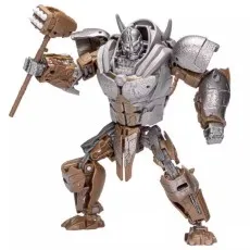A full-body shot of a Transformers Studio Series 103 Rhinox toy in its robot form, holding a brown hammer