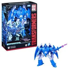 Transformers Studio Series Sweep figure in its package, with the figure and blaster next to it.