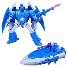 A Transformers Decepticon Sweep toy, showing the blue robot and its futuristic jet form.