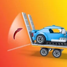A close-up of a blue car on the back of a Mega Construx Hot Wheels transporter trailer.