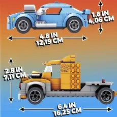 A diagram showing the dimensions of the Hot Wheels Mega Construx car and truck.