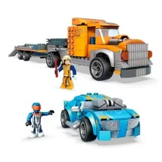 The Hot Wheels Mega Construx Transporter toy, showing the truck, car, and two figures.