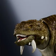 A close-up of the head of the Jurassic World Hammond Collection Scutosaurus figure.