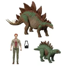 Jurassic World Hammond Collection Stegosaurus toy set, showing a large and small dinosaur and a figure.
