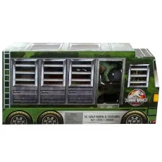 A toy box for a green Jurassic World transport truck with a Stegosaurus and Dr. Sarah Harding inside.j