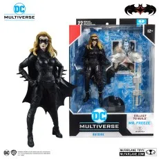 A Batgirl action figure in a black batsuit with a cape and mask, shown both in and out of its packaging.