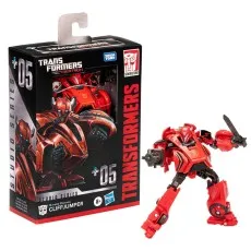 A boxed and unboxed view of the red Transformers Cliffjumper action figure with a blaster and sword.