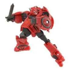 A red Cliffjumper toy, posed as if jumping into battle, with a gray sword in one hand.
