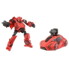 A red robot and a red sports car toy, both with black accents. The robot holds a gun.