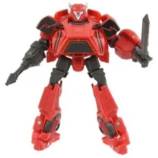 A Transformers toy, Cliffjumper, in its robot form, holding a sword and a blaster.