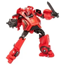 Red Transformers Legacy Evolution Side Burn toy robot with sword and blaster.