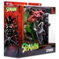 A front-angled view of the Spawn action figure box, showing the figure and accessories inside