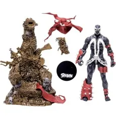 A full view of the Spawn action figure set, showing the figure, throne, cape, and other accessories