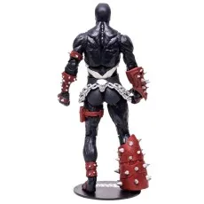 A rear view of the Spawn action figure, showing its black suit and red spiked armor