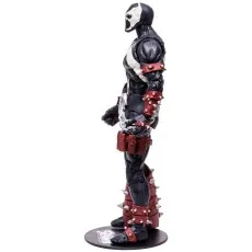 A side view of the Spawn action figure, showing its black and white suit and red spiked armor