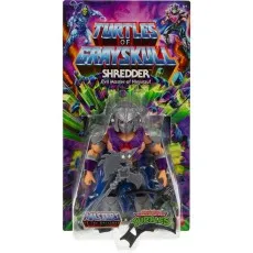 The Masters of the Universe and Teenage Mutant Ninja Turtles crossover Shredder figure in a blister pack.
