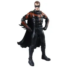 A male action figure of Robin in a black and red costume, with his hands on his hips.