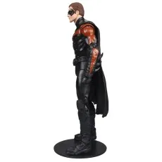 A side view of a Robin action figure wearing a black and red suit with a black cape.