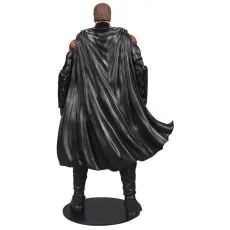 The back of a Robin action figure in a black and red suit with a long black cape.