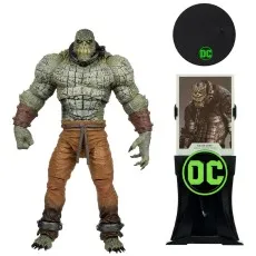 A view of the Killer Croc action figure with its accessories, including a stand and card