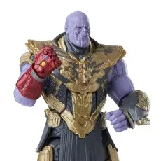 A close-up of a Marvel Legends Thanos action figure wearing gold armor and the Infinity Gauntlet..