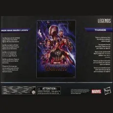 The back of a Marvel Legends two-pack box for Iron Man and Thanos, showing a movie poster and text.