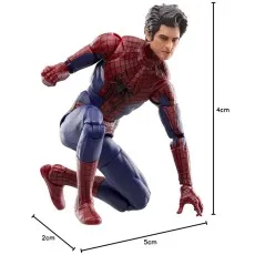 The Amazing Spider-Man toy, in a crouched pose, with its height, width, and depth in centimeters labeled.