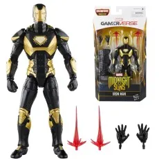 A packaged Marvel Gamerverse Iron Man action figure with a gold and black suit and accessory parts.