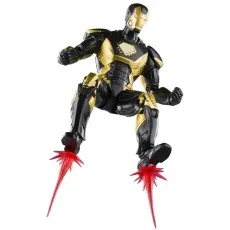 A black and gold Iron Man action figure in a flying pose with red energy effects coming from its feet.