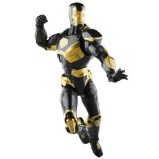 A black and gold Iron Man action figure is posed mid-air, with one fist clenched and the other hand open.
