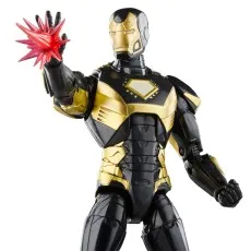 A close-up of a black and gold Iron Man action figure firing a red energy blast from its hand.