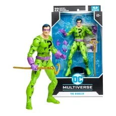 A Riddler action figure in a green suit with question marks and a gold cane