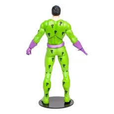 A back view of the Riddler action figure on a black display stand