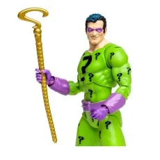 A close-up of a Riddler action figure holding a golden question mark staff