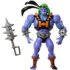 An action figure of the He-Man villain Twistoid with purple skin, green veins, and a spiky weapon.
